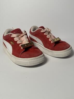 Puma Suede Heart Girls Red Pink Ribbon Lace Sneakers Size 8C Toddler